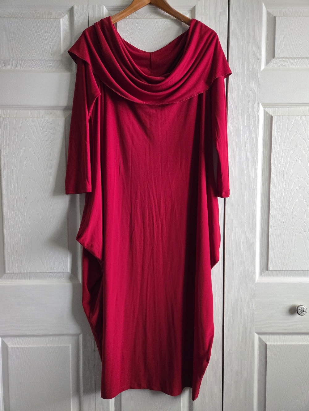 New Sun Kim Maryann Red Stretchy Flowy Drape Midi Length Dress